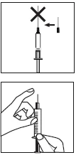 Esquema que muestra la incorrecta fijación de la aguja con una cruz y la forma correcta de sostener la jeringa con las manos durante la preparación del medicamento