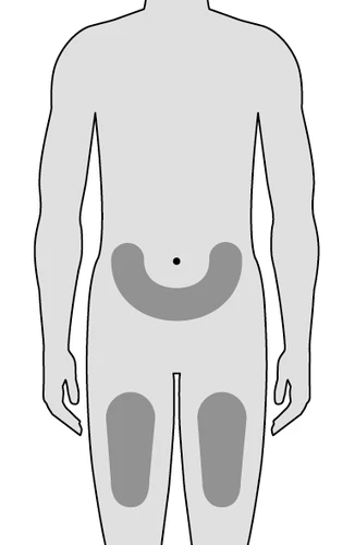 Schematic silhouette of a male torso and legs with gray areas marked on the lower abdomen and both thighs