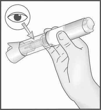 A hand holding an injector with visible needle inside the transparent housing, an arrow points to an eye observing the medication delivery mechanism
