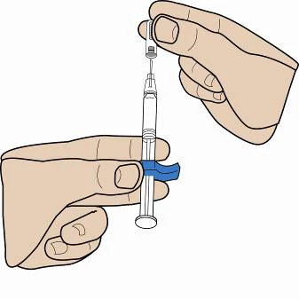 Two hands holding a syringe vertically with a blue ring, one hand stabilizing the bottom and the other holding the needle at the top