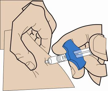 Two hands holding a white-blue injector applied to a light skin surface for drug administration