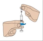 Two hands holding a syringe with a blue component, one hand stabilizing the body and the other holding the upper part of the device