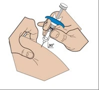 Two hands holding a syringe with a blue handle, inserting the needle at a 90-degree angle into the patient's arm skin