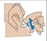 Two hands holding a syringe with a blue component, inserting the needle through a pinched area of skin at an angle