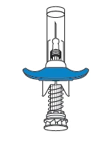 Schematic drawing of a medical device with a transparent cylinder containing a needle and a blue element shaped like a wide disk