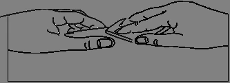 Two hands holding and gently separating the ends of two small elongated objects on a gray background