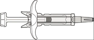 Schematic technical drawing of a syringe with plunger, wide safety ring, and medication delivery tip shown in horizontal view