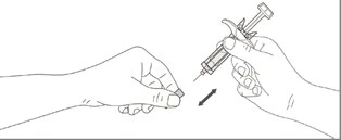 Left hand holding a small device, right hand bringing a syringe with needle toward it, with an arrow indicating direction of movement toward the held object