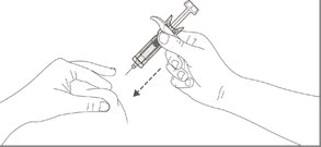 Hand holding a syringe directing the needle toward the skin, with an arrow indicating the direction of insertion at an angle to the patient's body