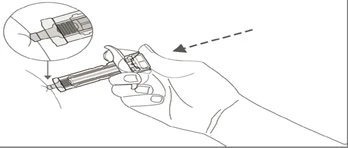 Drawing showing a hand holding an integrated pen injector directed toward the skin, with a close-up showing the device tip touching the body