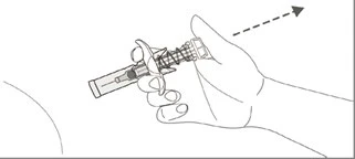 Hand holding an injector positioned at an angle, with a dashed arrow indicating movement of the device upward and to the right