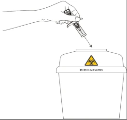 Mano che impugna una siringa diretta verso un contenitore bianco con simbolo giallo di pericolo biologico e la scritta BIOHAZARD