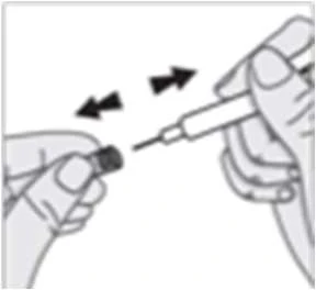 Hands holding a vial and a syringe, with black arrows indicating the motion of bringing the needle closer to the container to draw medication