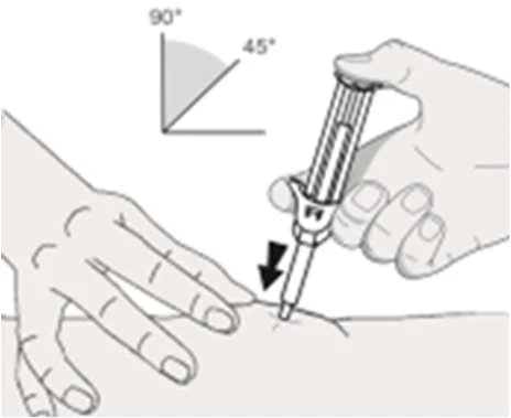 Hand holding a syringe at a 45-degree angle, inserting the needle into the skin, with a diagram beside showing right and oblique angles for technical illustration