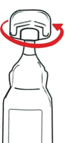 Disegno che mostra una bottiglia di medicinale, con una freccia rossa sopra che indica il movimento rotatorio del tappo verso destra