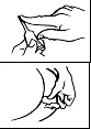 Dibujo en blanco y negro que muestra dos instrucciones: la superior muestra una mano sosteniendo una jeringa, y la inferior muestra una mano tensando la piel durante la punción