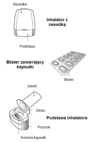 Esquema médico que muestra un inhalador con boquilla y base, un blíster con cápsulas y la base del inhalador con embocadura, pantalla y botón