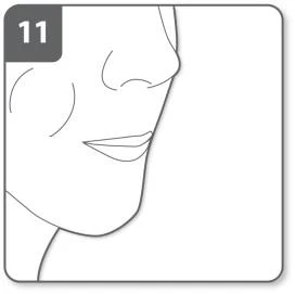 Dibujo esquemático del perfil del rostro de una persona sonriente con nariz, boca y mejilla visibles, y el número 11 en un cuadrado oscuro en la esquina superior izquierda