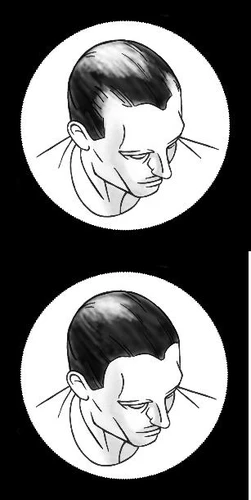 Dos ilustraciones dibujadas en blanco y negro que representan la cabeza y los hombros de un hombre mirando hacia abajo, colocadas en círculos blancos sobre un fondo negro
