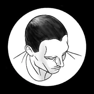 Gráfico en blanco y negro que muestra la cabeza y los hombros de un hombre con la cabeza inclinada y la mirada dirigida hacia abajo, dentro de un campo circular blanco