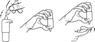 Illustration showing three steps of using the medication: attaching the dispenser to the bottle, holding it vertically, and pressing the button with the hand