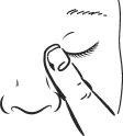 Black linear illustration depicting an index finger touching a closed eye and the nose of a person's face