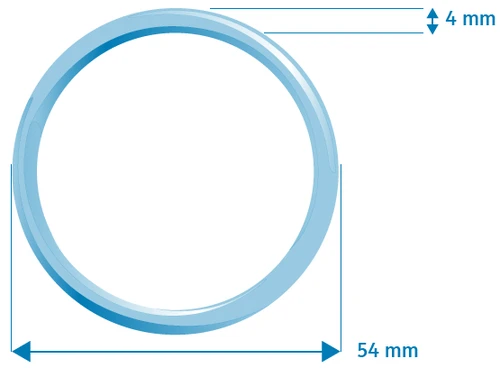 A blue ring with an inner diameter of 54 mm and a thickness of 4 mm shown on a white background with dimensions indicated by blue arrows