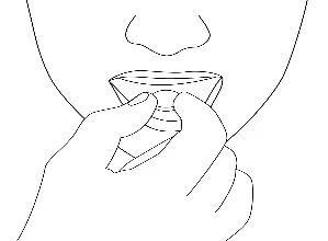 Illustration showing hands holding a small container or capsule to the mouth of a person ready to take an oral medication