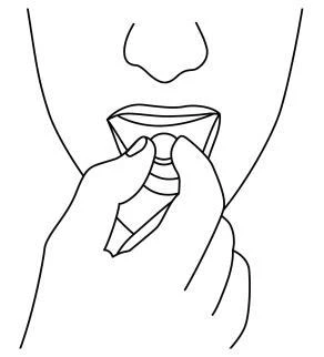 Black line drawing depicting a hand holding a small sachet drug package just before the person's mouth to open and ingest it