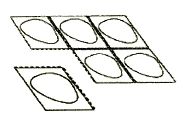 Five rectangular tiles arranged in two rows, each containing an oval shape resembling a cell or hole