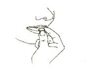 A drawing showing a hand holding a small pill just in front of a person's mouth, about to swallow the medication
