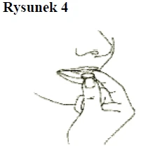 Drawing depicting a hand holding a small, round object at a person's mouth for administration or swallowing