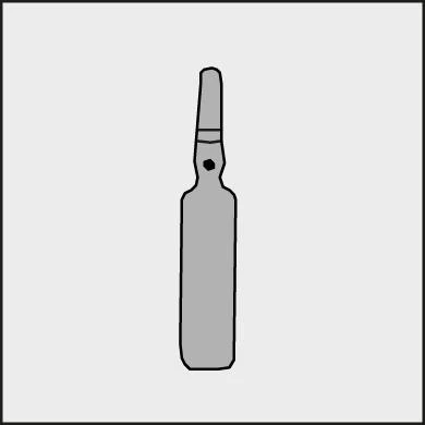 Сіра вертикальна силуетка, що нагадує флякон або ампулу з вузьким горлечком і невеликою чорною крапкою посередині, розташована на світлому тлі