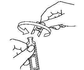 Manos desenroscando la tapa de un frasco de medicamento, indicado con una flecha curva que sugiere un movimiento giratorio hacia la izquierda
