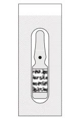 Ampolla vertical, alargada, con un cuerpo de vidrio transparente y una etiqueta oscura con texto sobre un fondo claro con diseño