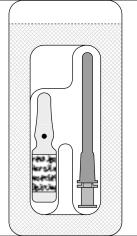 Dibujo esquemático de un envase que contiene un vial con medicamento y una jeringa larga y estrecha con émbolo, colocada dentro de un blíster