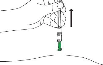 Hand holding a pointer with a green tip, oriented vertically upward, indicated by an arrow above the device and above the body line