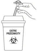 Hand holding a needle and placing it into a container labeled 'SHARP OBJECTS' with a biohazard symbol