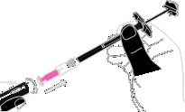 Hand holding a black inhaler with a pink nozzle being inserted into the device, indicated by an arrow showing the direction of movement