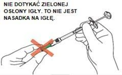 Illustration showing hands holding a syringe with a red 'do not touch' symbol over the green needle shield, indicating prohibition of contact