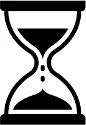 Black and white icon of an hourglass with visible sand flowing through the narrow passage, dividing the vessel into upper and lower chambers
