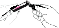 Two hands holding and snapping in half a black applicator containing pink liquid inside to activate the medication