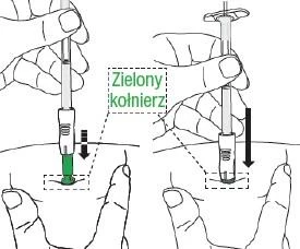 Due mani che impugnano siringhe con collare verde, applicate sulla pelle per effettuare un'iniezione secondo le frecce direzionali