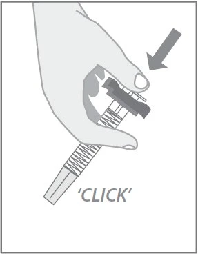 A hand holding an auto-injector with the thumb pressing the upper part of the device, next to it an arrow and the word CLICK indicating the sound of activation