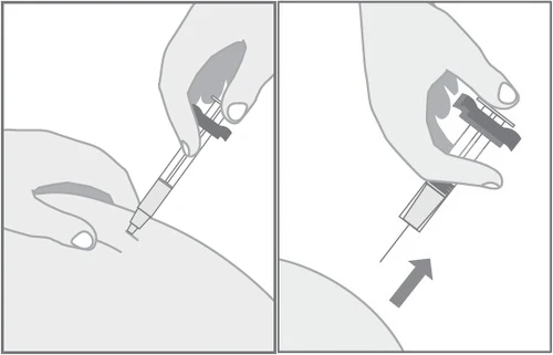 Two illustrations showing a hand holding an injector bringing the needle close to the skin and a hand holding the injector after injection has been administered