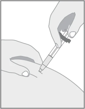Two hands holding a medical injector being applied at an angle to a person's thigh for subcutaneous drug delivery