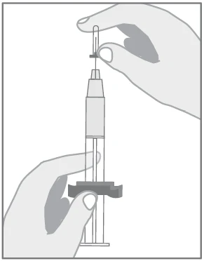 Two hands holding a syringe, one hand stabilizing its barrel and the other holding the upper part with the needle and needle shield, preparing it for use