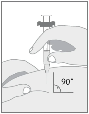 A hand holding a syringe vertically, inserting the needle into the tissue at a 90-degree angle perpendicular to the skin surface