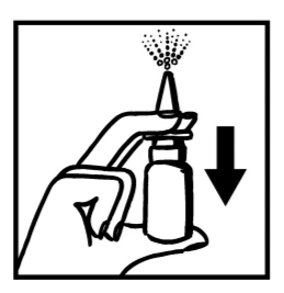 Hand holding a bottle with an atomizer from which a sprayed mist is emerging, with a black arrow pointing downward next to it