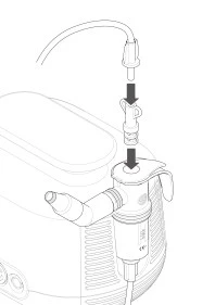 Schematic illustration showing the process of connecting a tube to an end piece and inserting a component into the upper part of a medical device